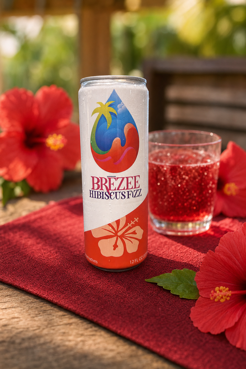 Brezee Hibiscus Fizz on a summer table with fresh hibiscus