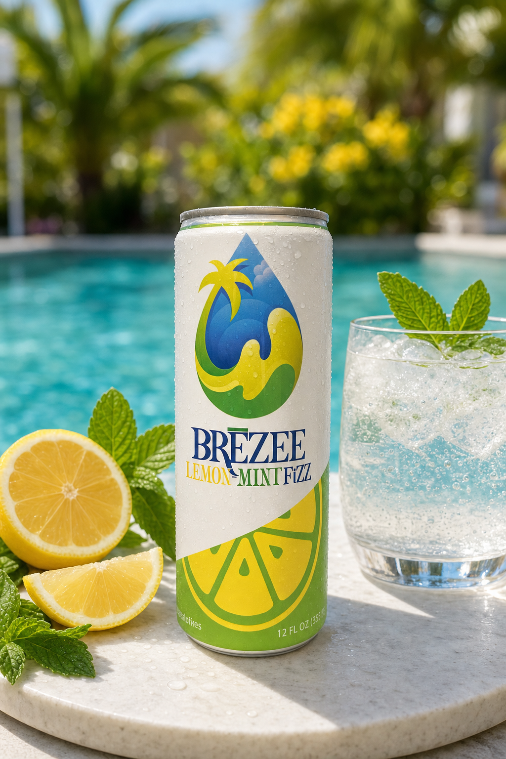 Brezee Lemon Mint Fizz poolside with lemon and mint
