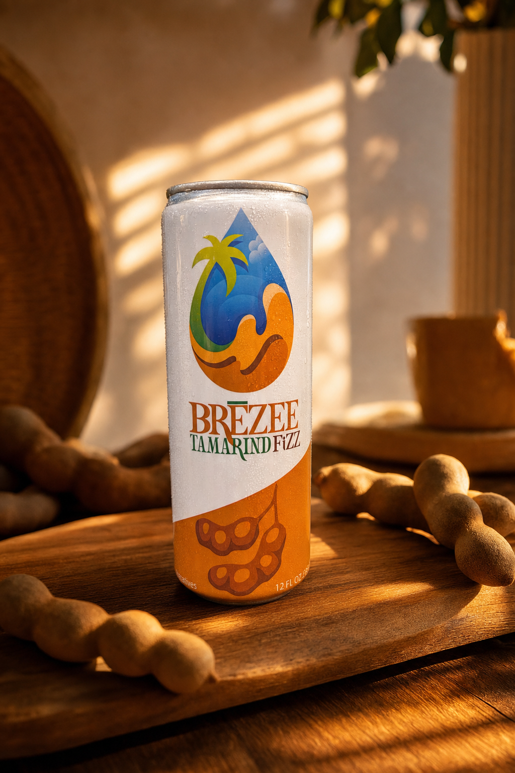 Brezee Tamarind Fizz with tamarind pods in golden light